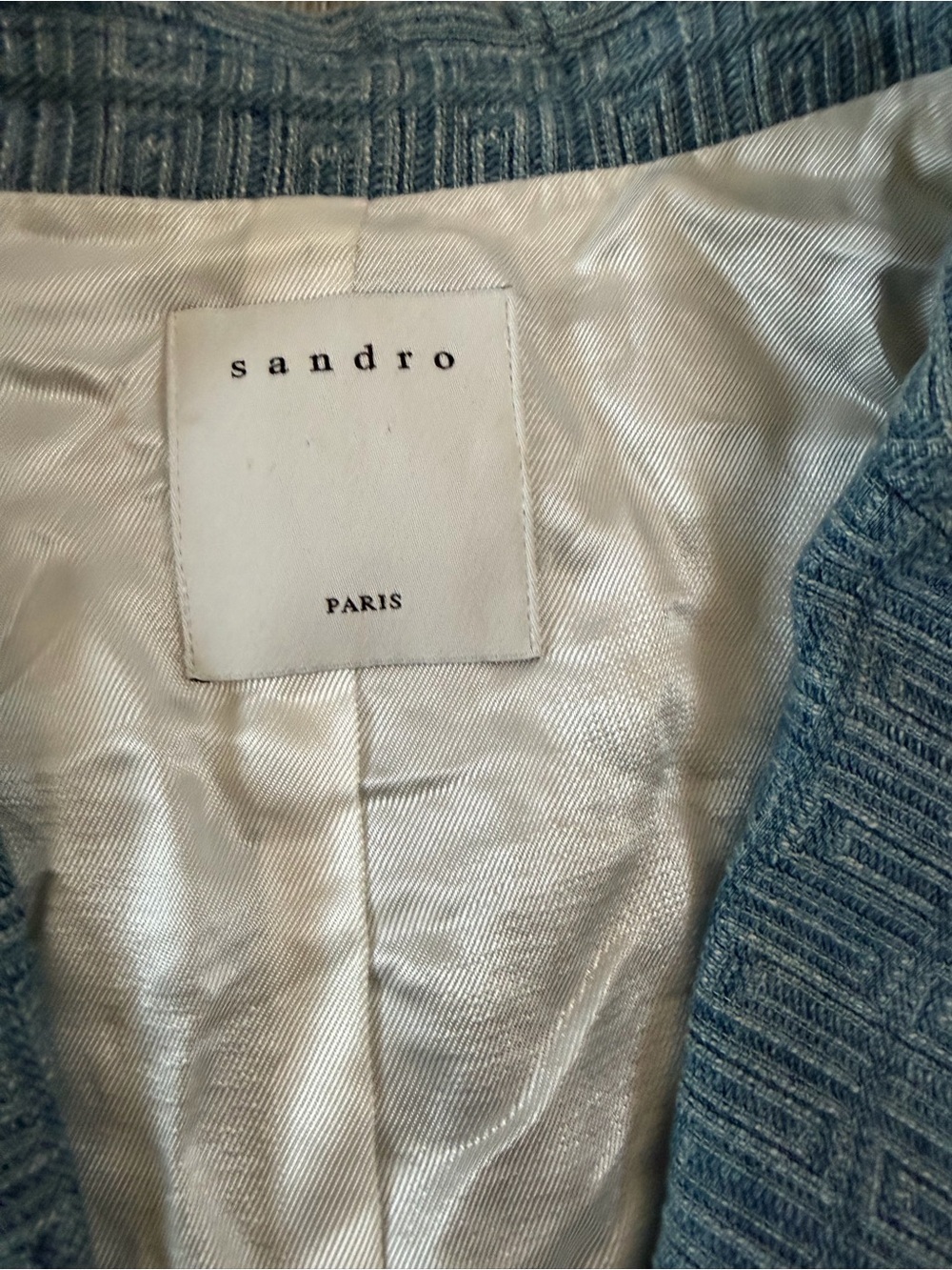 Vintage Sandro Paris Blue Jacquard Blazer EU 42 Gold Button Designer Jacket - Picture 7 of 10